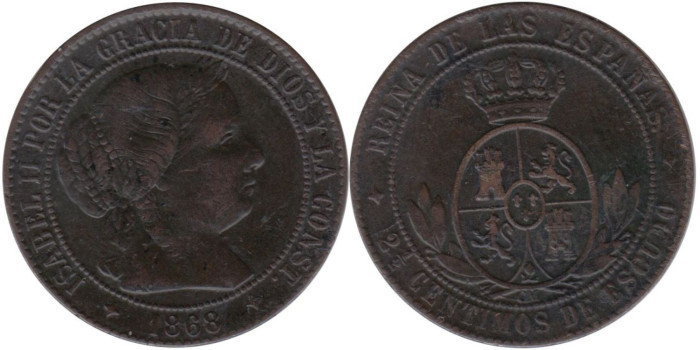 Cy15798.-ISABEL II - 2 1/2 Ctm. de Escudo 1868 Jubia, MBC+