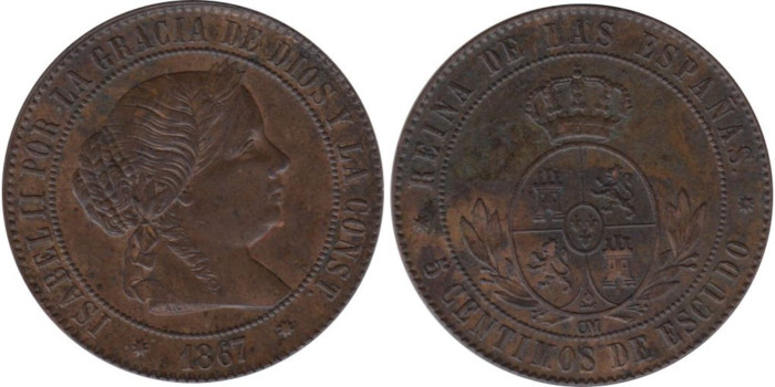 Cy15878.-ISABEL II - 5 Cents.. De Escudo 1867 Barcelona OM, EBC