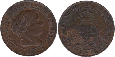 Cy15878.-ISABEL II - 5 Cents.. De Escudo 1867 Barcelona OM, EBC