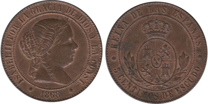 Cy15882.-ISABEL II - 5 Cents.. De Escudo 1868 Barcelona OM, SC