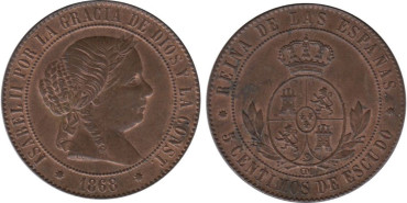 Cy15882.-ISABEL II - 5 Cents.. De Escudo 1868 Barcelona OM, SC
