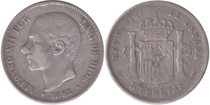 Cy16588C.- ALFONSO XII - 5 Pesetas 1882 sobre 81 MSM- BC