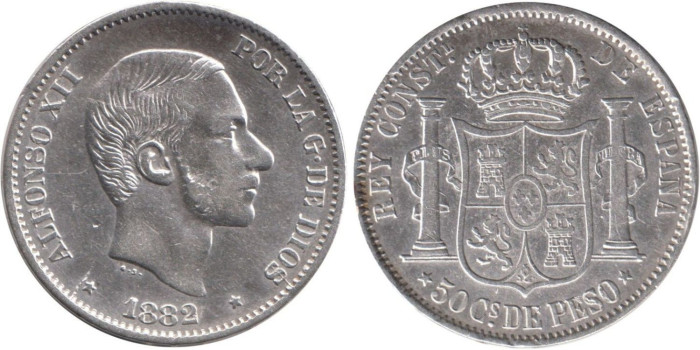 Cy16633E.-ALFONSO XII - 50 Centavos 1882 Manila MBC plata