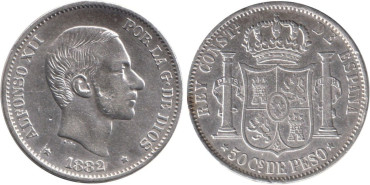 Cy16633E.-ALFONSO XII - 50 Centavos 1882 Manila MBC plata
