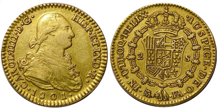 Cy13416.-CARLOS IV - 2 ESCUDOS 1801 MADRID FA, MBC