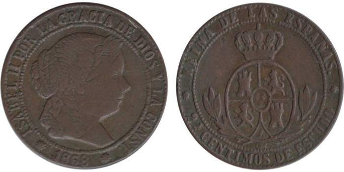 Cy15797.-ISABEL II - 2 1/2 Ctm. de Escudo 1868 OM, BARCELONA, MBC