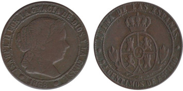 Cy15797.-ISABEL II - 2 1/2 Ctm. de Escudo 1868 OM, BARCELONA, MBC