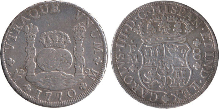 Cy11200.- CARLOS III - 8 REALES COLUMNARIO 1770 MEXICO F.M.  MBC-