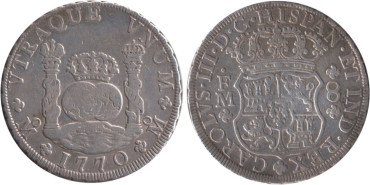Cy11200.- CARLOS III - 8 REALES COLUMNARIO 1770 MEXICO F.M.  MBC-