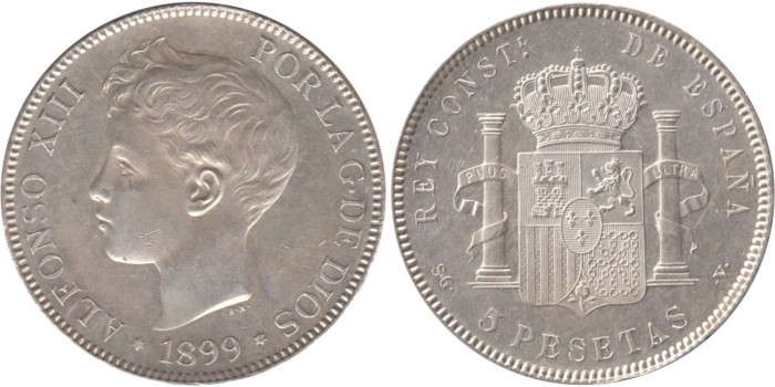 Cy16708K.-ALFONSO XIII - 5 Pesetas 1899 (18,99) SGV, SC plata