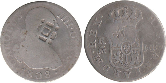 Cy12867.-CARLOS IV - 2 Reales 1808. Resello Cuba. RC