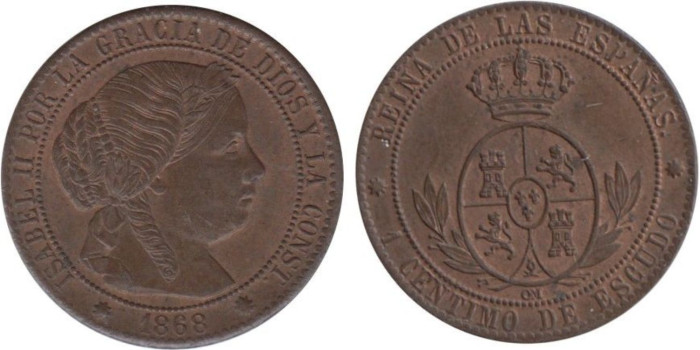 Cy15716.-ISABEL II -1 Ctm ESCUDO 1868 OM, Barcelona, EBC