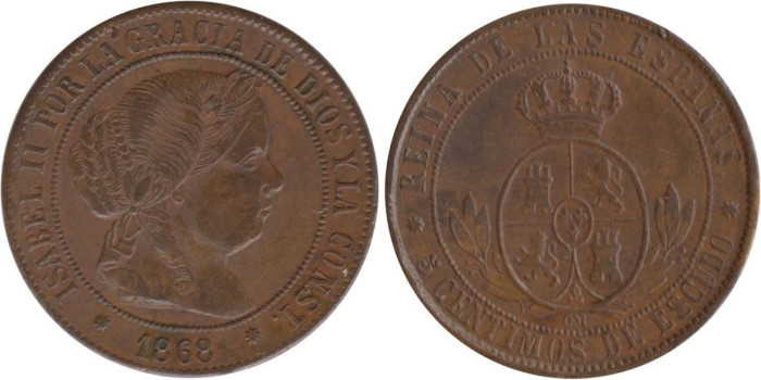Cy15882.-ISABEL II -5 Cents.. De Escudo 1868 Barcelona OM, MBC
