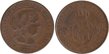 Cy15882.-ISABEL II -5 Cents.. De Escudo 1868 Barcelona OM, MBC