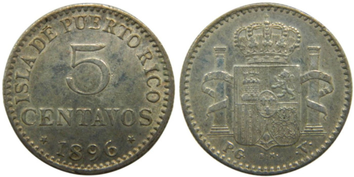 Cy16715F.-ALFONSO XIII - 5 Centavos Puerto Rico 1896 PGV  MBC+