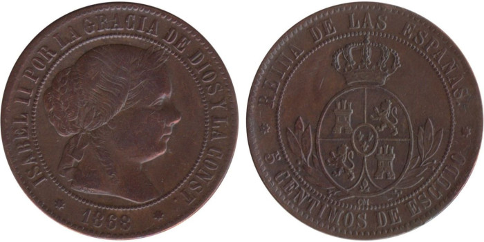 Cy15884.-ISABEL II -5 Cents. De Escudo 1868 Sevilla OM, MBC+