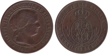 Cy15884.-ISABEL II -5 Cents. De Escudo 1868 Sevilla OM, MBC+