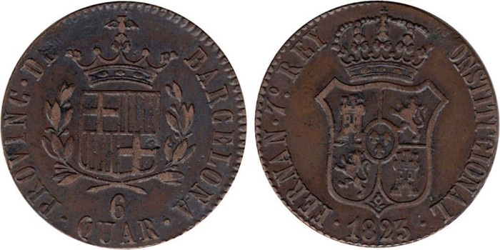 Cy14058.-FERNANDO VII - 6 CUARTOS 1823 BARCELONA. MBC+