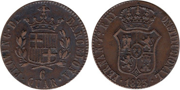 Cy14058.-FERNANDO VII - 6 CUARTOS 1823 BARCELONA. MBC+