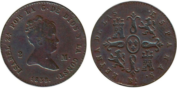 Cy15686.- ISABEL II - 2 MARAVEDIS 1858 BARCELONA - MBC+