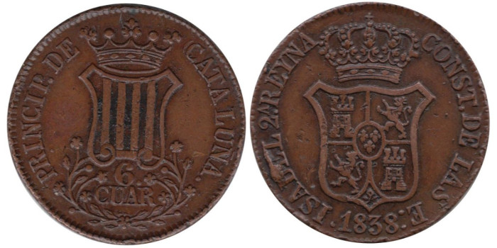 Cy15847.- ISABEL II - 6 CUARTOS 1838 CATALUÑA. MBC+