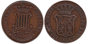 Cy15847.- ISABEL II - 6 CUARTOS 1838 CATALUÑA. MBC+