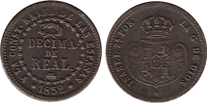 Cy15690.- ISABEL II - DECIMA DE REAL 1852 SEGOVIA - MBC+