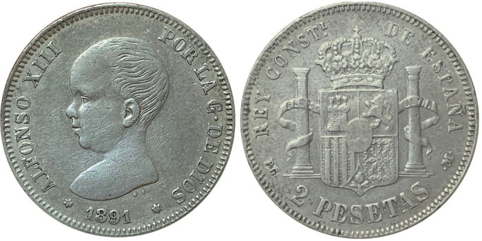 Cy16689E.- ALFONSO XIII - 2 Pesetas 1891 PGM. MBC+