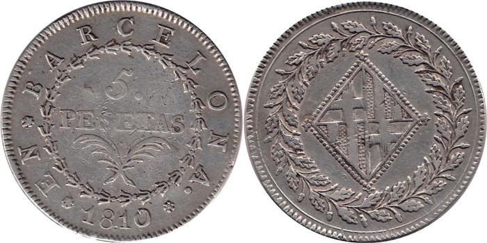 Cy13860.- JOSE NAPOLEON  5 Pesetas 1810 Barcelona.  MBC+