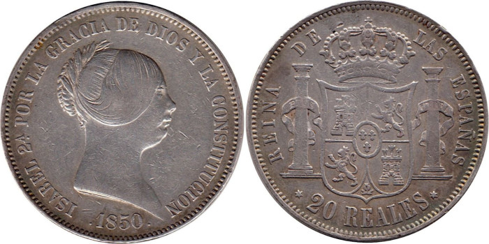 Cy16280.- ISABEL II  20 Reales 1850 Madrid.  EBC- PLATA