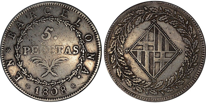 Cy13855.- JOSE NAPOLEON  5 Pesetas 1808 Barcelona.  MBC