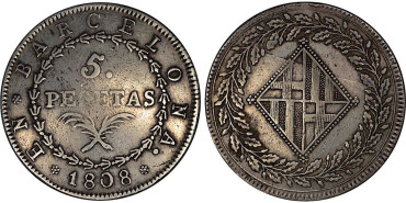 Cy13855.- JOSE NAPOLEON  5 Pesetas 1808 Barcelona.  MBC