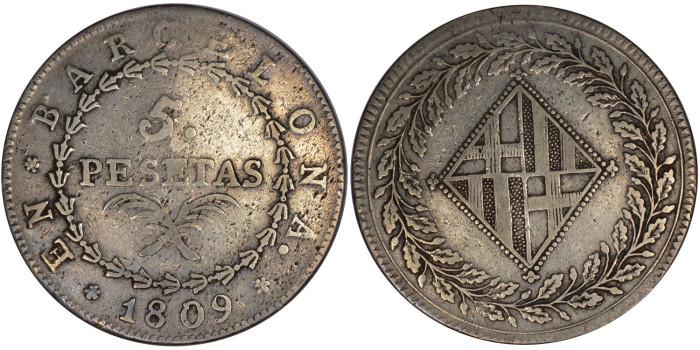 Cy13857.- JOSE NAPOLEON  5 Pesetas 1809 Barcelona.  BC+