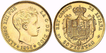 Cy16973.- 20 PESETAS 1896  *19 *62  MP M. SC.  ORO
