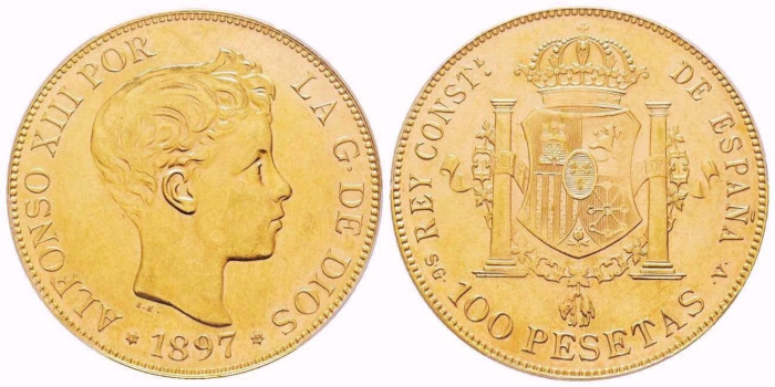 Cy16978.- 100 PESETAS 1897  *19 *61  SG V.  SC-   ORO