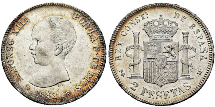 Cy16690H.-ALFONSO XIII - 2 Pesetas 1892 (18-92) PGM. SC
