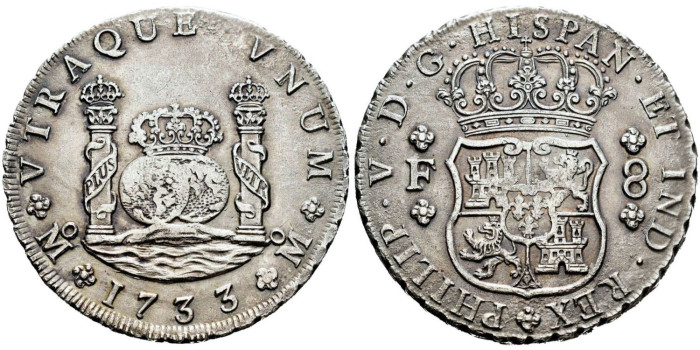 Cy08744.- FELIPE V - 8 Reales Columnario 1733 Mexico M.F. - EBC-