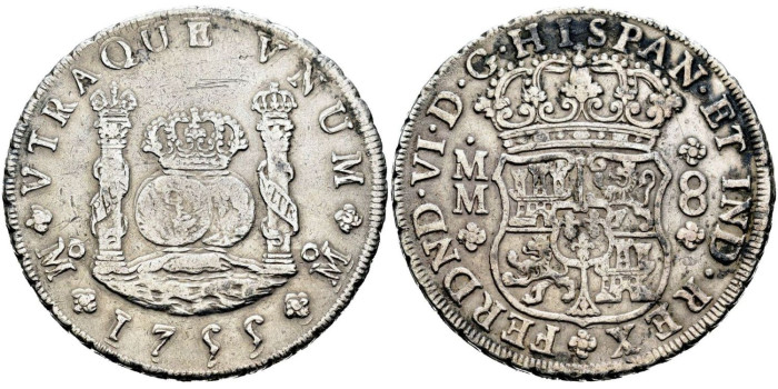 Cy09876.- FERNANDO VI  8 R. Columnario 1755 Mexico M.M- MBC. REPINTADO