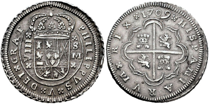 Cy08614.- FELIPE V  8 REALES 1709 SEVILLA. MBC+. RARA