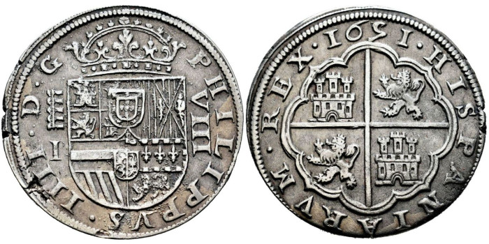 Cy06040.- FELIPE IV 8 REALES 1651 sobre 31. I sobre R. SEGOVIA.  MBC+.