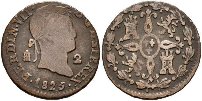 Cy13933.-FERNANDO VII -2 Maravedis 1825 Segovia. VARIANTE - MBC