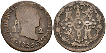 Cy13933.-FERNANDO VII -2 Maravedis 1825 Segovia. VARIANTE - MBC