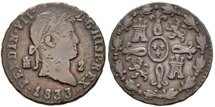 Cy13946.-FERNANDO VII -2 Maravedis 1833 Segovia - MBC-