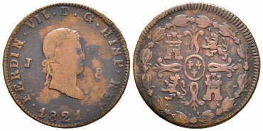 Cy14092.-FERNANDO VII -8 Maravedis 1821 Jubia -BC+