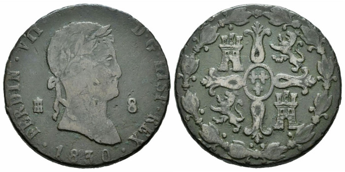 Cy14119.-FERNANDO VII -8 Maravedis 1830 Segovia -BC+