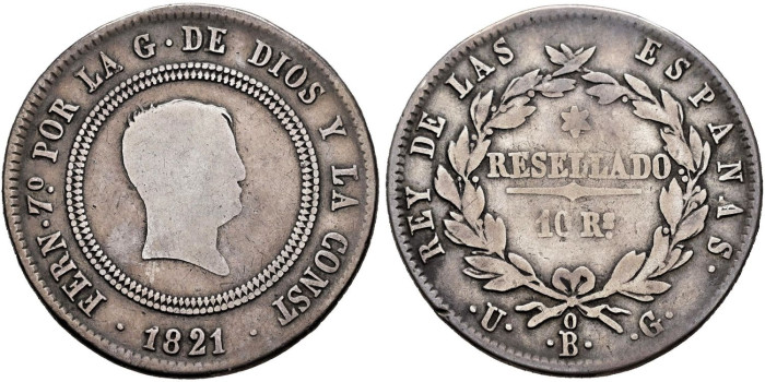 Cy14786-2.-FERNANDO VII -10 Reales 1821 Bilbao UG - BC