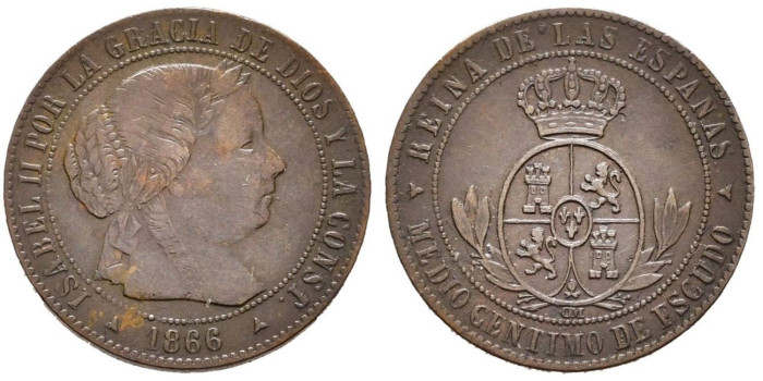 Cy15646.-ISABEL II - 1/2 Centimo de escudo 1866 Jubia OM - MBC