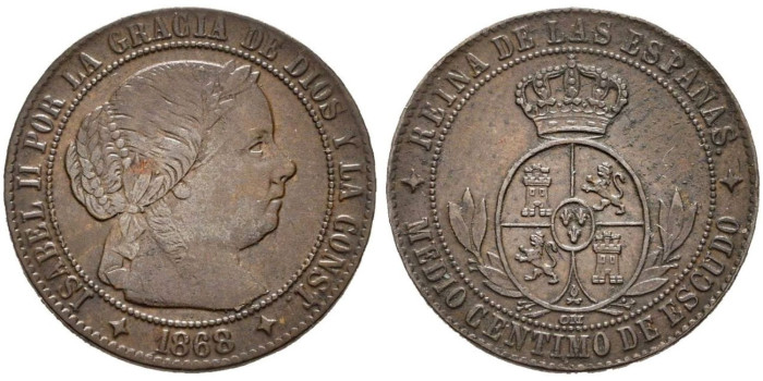 Cy15654.-ISABEL II - 1/2 Centimo de escudo 1868 Jubia OM- MBC+