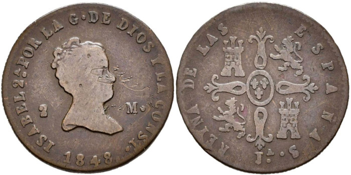 Cy15678.-ISABEL II - 2 Maravedis  1848 Jubia - BC
