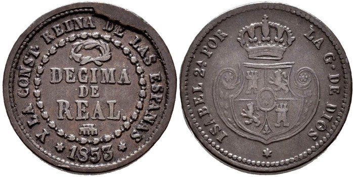 Cy15691.-ISABEL II -1 Decima de real 1853 Segovia - MBC+